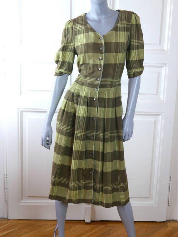 Green & Gray Plaid Summer Prairie Dress, 1990s Ge… - image 1