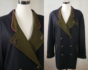 Navy Blue Double-Breasted Wool Coat, 90s European Vintage, Size 14 US, 18 UK