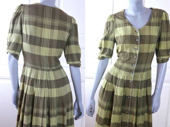 Green & Gray Plaid Summer Prairie Dress, 1990s Ge… - image 2
