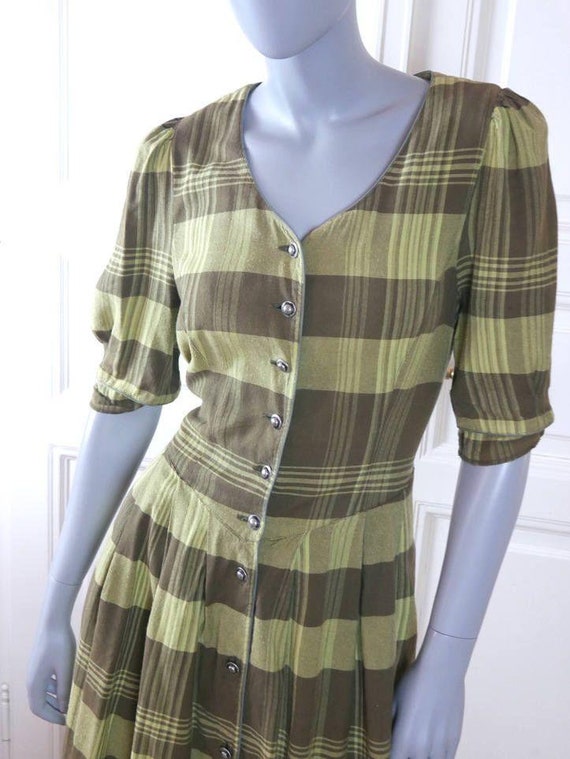Green & Gray Plaid Summer Prairie Dress, 1990s Ge… - image 6
