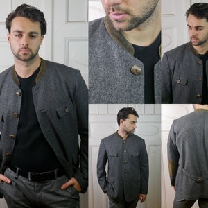 Gray Janker Jacket, 90s Meindl Wool Trachten Blazer with Suede Band Collar