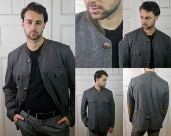 Gray Janker Jacket, 90s Meindl Wool Trachten Blazer with Suede Band Collar
