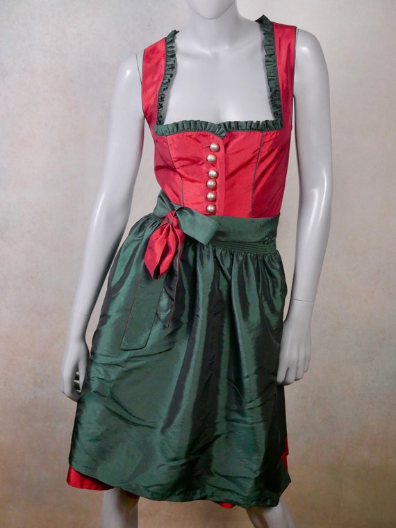 Dirndl Dress, Red Satin and Black with Green Apro… - image 3