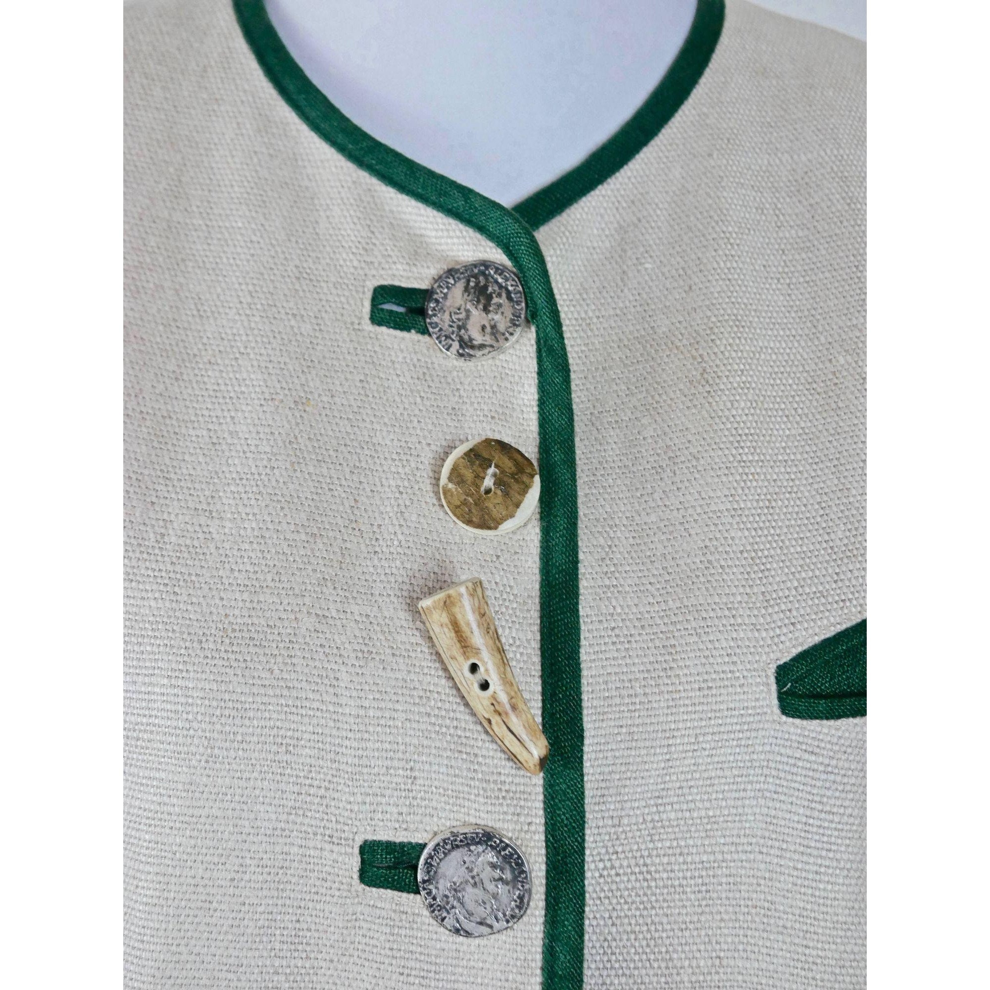 Cream Linen Jacket With Green Trim, Austrian Vintage Embroidered Jacket