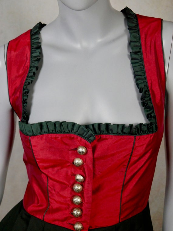 Dirndl Dress, Red Satin and Black with Green Apro… - image 5