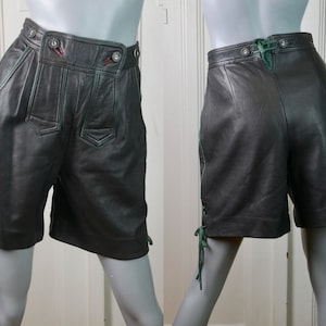 Women's Leather Lederhosen Shorts, Very Dark Brown with Green Trim and Faux Antler Buttons, Super Soft Lambskin