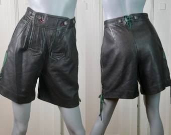 Women's Leather Lederhosen Shorts, Very Dark Brown with Green Trim and Faux Antler Buttons, Super Soft Lambskin