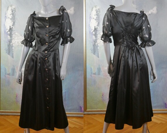 絶対一番安い Black Short Puff Sheer With Midi Long Vintage Dress, Satin スーツ・フォーマル・ドレス