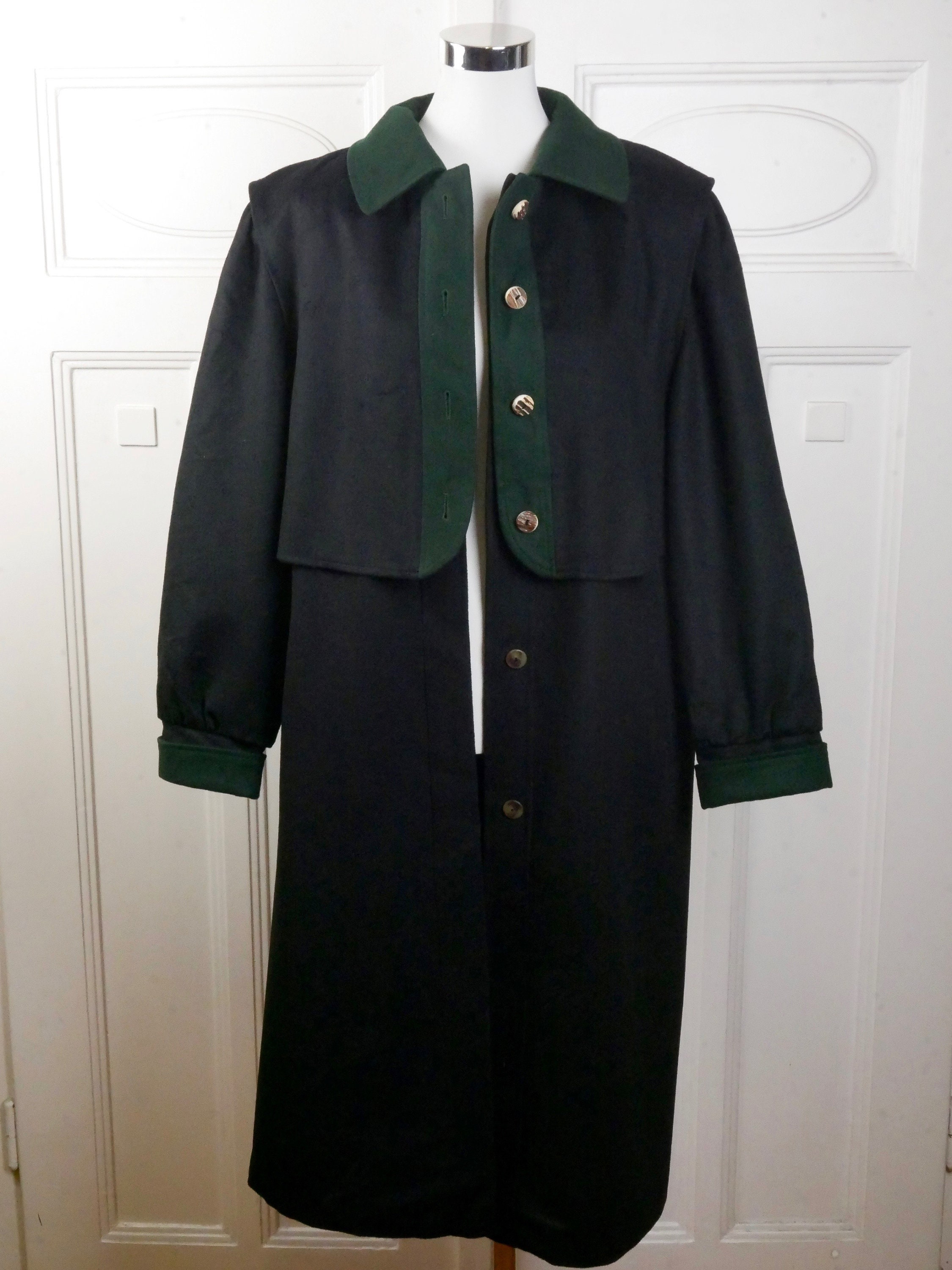 Loden Wool Coat, 90s Austrian Vintage Black and Green Long Trachten Overcoat, Size Extra Large, 16/18 US, 20/22 UK
