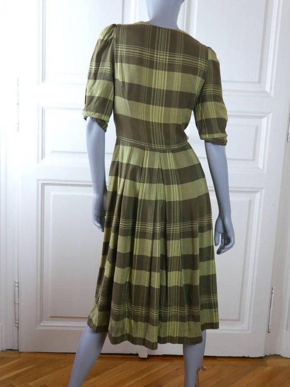 Green & Gray Plaid Summer Prairie Dress, 1990s Ge… - image 4