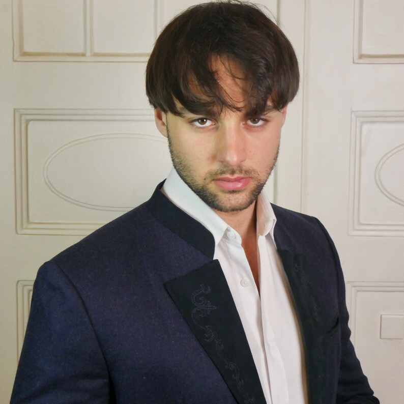 Blue Wool Band Collar Blazer 90s Vintage Trachten Jacket Etsy