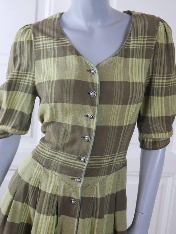 Green & Gray Plaid Summer Prairie Dress, 1990s Ge… - image 3