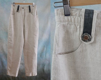 Linen Capri Pants, 1990s European Vintage Trachten Style, 25 inch x 27.5 inch