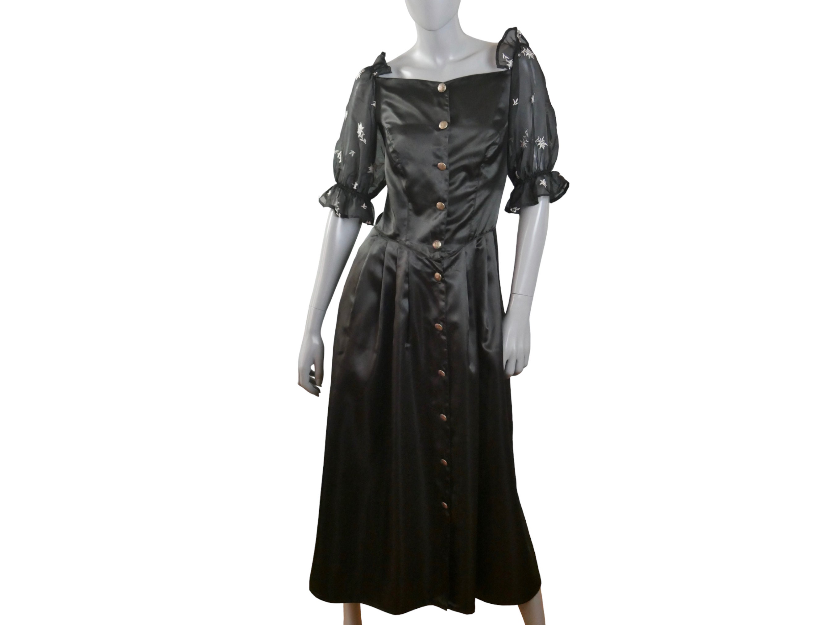 定番の中古商品 Satin Black Dress, Short Puff Sheer With Midi Long Vintage スーツ・フォーマル・ドレス