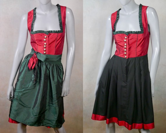 Dirndl Dress, Red Satin and Black with Green Apro… - image 1