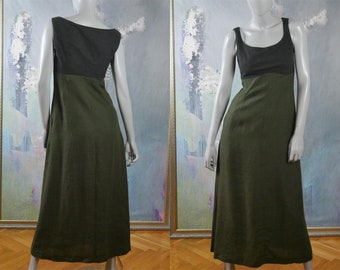 Long Jumper Dress, Charcoal Gray & Olive Green Linen and Wool Vintage Sleeveless Midi: Size 8 US, 12 UK