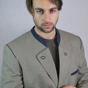 Trachten Jacket, 90s Vintage Austrian Pale Green Blazer with Band Collar, Size 44 Short, 44S US/UK