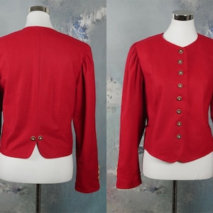 Austrian Vintage Red Blazer, 1990s Loden Wool Edwardian Style Short Cropped Tyrol Riding Jacket with Puff Sleeves: Size 12 US, 16 UK