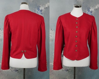 Austrian Vintage Red Blazer, 1990s Loden Wool Edwardian Style Short Cropped Tyrol Riding Jacket with Puff Sleeves: Size 12 US, 16 UK