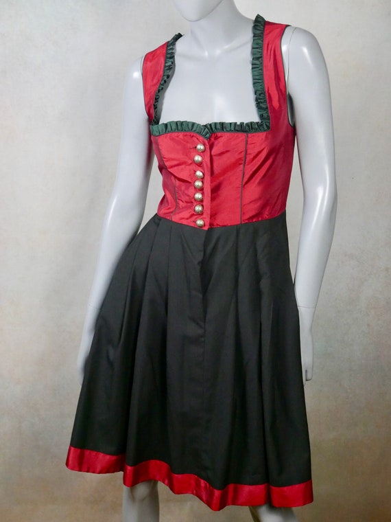Dirndl Dress, Red Satin and Black with Green Apro… - image 2