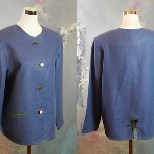 Blue Linen Jacket, 1990s Vintage Trachten Janker Style Blazer: Size 14 US, 18 UK