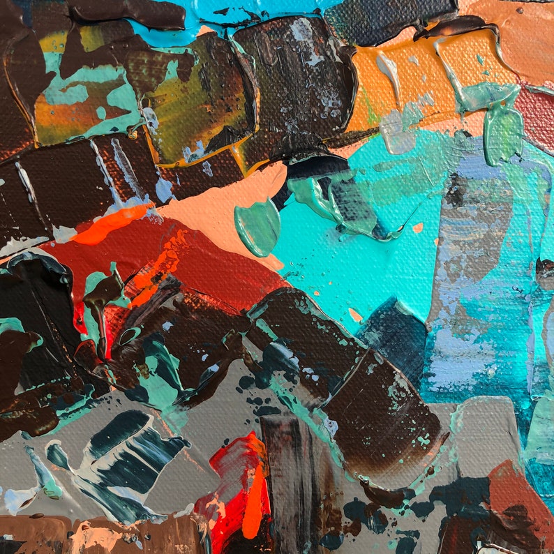 May include: Abstract painting with thick brushstrokes in shades of brown, blue, orange, and green. The paint is applied in a layered and textured style, creating a dynamic and visually interesting composition.