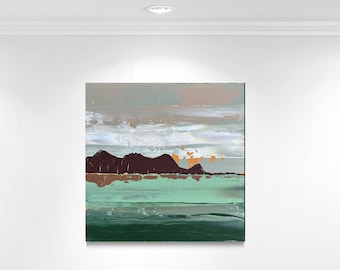 semi abstract landscape painting acrylic glass art, green wall art, housewarming gift, new home gift, special Christmas gift, for women, sea