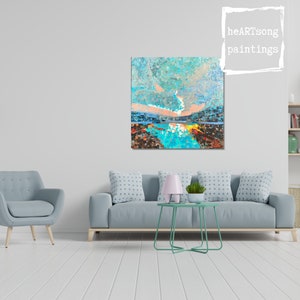 May include: Abstract painting of a landscape with a blue sky, white clouds, and a turquoise body of water. The painting is in a modern style with a textured surface. The painting is titled "heartSong paintings".
