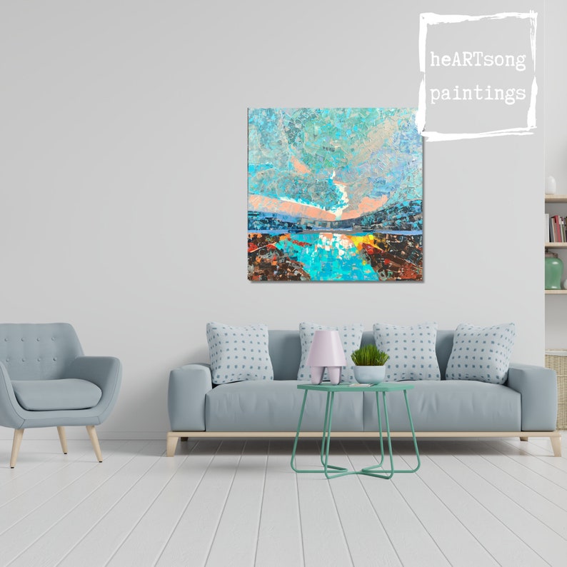 May include: Abstract painting of a landscape with a blue sky, white clouds, and a turquoise body of water. The painting is in a modern style with a textured surface. The painting is titled "heartSong paintings".
