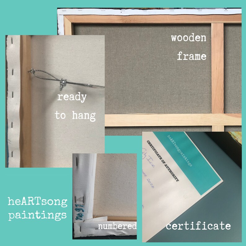 Op de afbeelding: Een canvas schilderij op een houten frame, klaar om op te hangen. De achterkant van het canvas is genummerd. Inclusief een certificaat van echtheid. De tekst "heARTsong paintings" is zichtbaar.