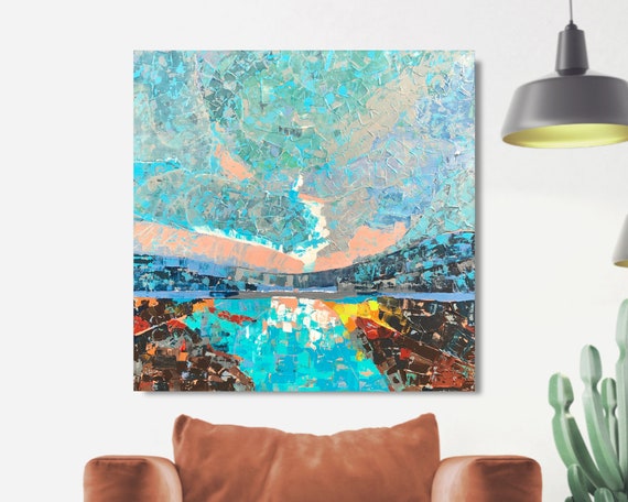 origineel schilderij strand, landschap schilderij turquoise, blauw schilderij zee, woonkamer kunst, cadeau voor vrouwen, huwelijkscadeaus