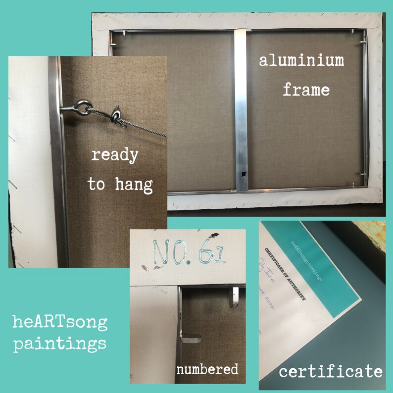 May include: A close-up of a canvas painting with a certificate of authenticity. The painting is numbered "NO. 61" and is ready to hang with an aluminum frame. The painting is part of the "heARTsong paintings" collection.