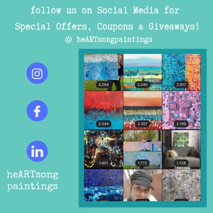 May include: A collage of colorful abstract paintings with numbers indicating their prices. The text "follow us on Social Media for Special Offers, Coupons & Giveaways! @heARTsongpaintings" is at the top of the image. Social media icons for Instagram, Facebook, and LinkedIn are on the left side of the image.