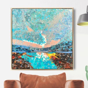 May include: Abstract landscape painting with a blue, green, and pink color scheme. The painting is done in a textured style, with thick layers of paint.