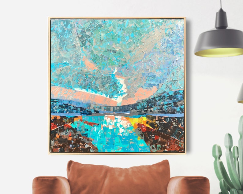 May include: Abstract landscape painting with a blue, green, and pink color scheme. The painting is done in a textured style, with thick layers of paint.
