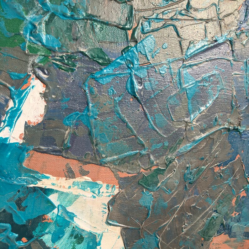 May include: Abstract painting with thick layers of blue, green, and gray paint. The paint is applied in a textured, impasto style, creating a sense of depth and movement.