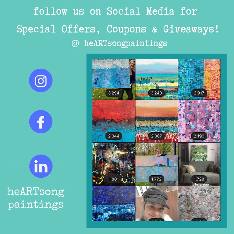 Op de afbeelding: Een turquoise afbeelding met social media-iconen en tekst die speciale aanbiedingen en weggeefacties promoot. De afbeelding toont een raster van abstracte schilderijen met verschillende kleuren en texturen, en de naam van de kunstenaar.