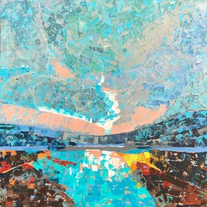 May include: Abstract painting of a landscape with a blue sky, mountains, and a lake. The painting is done in a textured style with a variety of shades of blue, green, and brown.