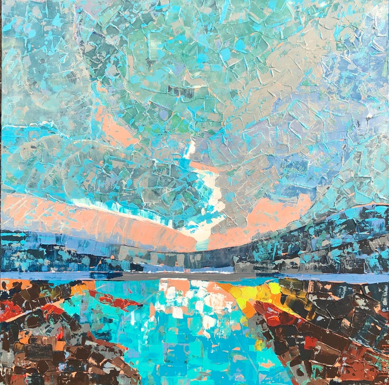 May include: Abstract painting of a landscape with a blue sky, mountains, and a lake. The painting is done in a textured style with a variety of shades of blue, green, and brown.