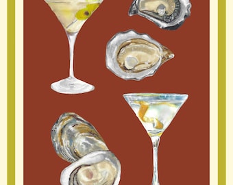 Oysters and Martinis Art Print, Kitchen Wall Decor