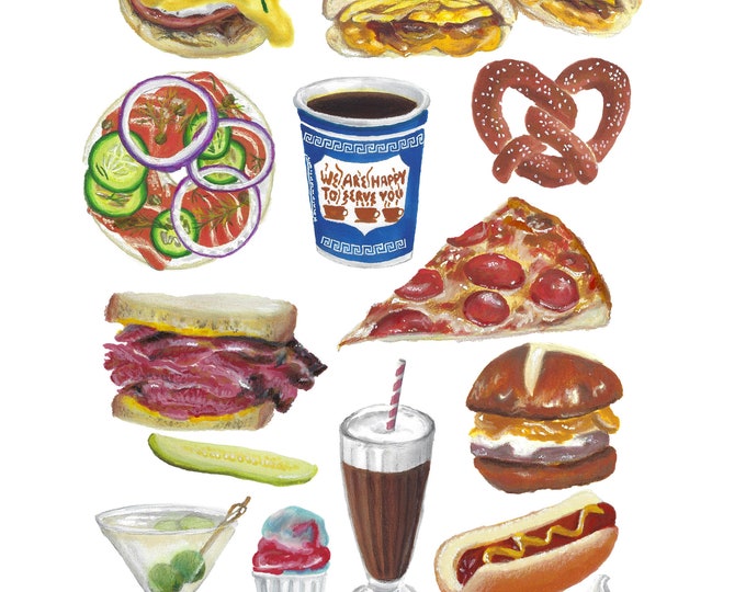 Iconic NYC Food Illustration Print // New York City Pizza, Katz's, Burger, Hot Dog, Bagel, Cheesecake, Martini, Coffee,