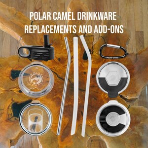 May include: A variety of replacement parts and add-ons for Polar Camel drinkware.  The items include a lid, two straws, a carabiner, and three different types of lids.