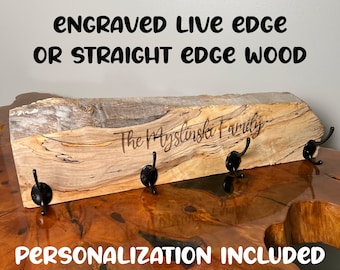 Engraved (Personalization Included!) Live Edge or Straight Edge Upcycled Wood with Black Double Hooks - Coat Rack for Scarf, Bag, Towel, Key