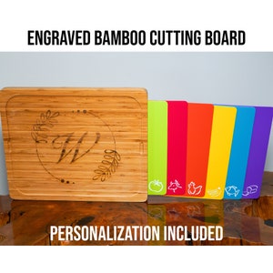 Engraved Monogram Initial (Personalization Included!) Bamboo Cutting Board with 6 Cutting Mats