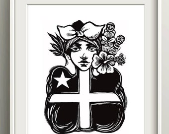 Puerto Rican Flag Art Print, Boricua Jibarita Home Decor Gifts