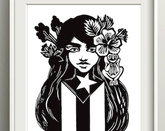 Puerto Rican Flag Art Print, Boricua Jibara Home Decor Gifts