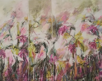 Einzigartiges Gemälde von Blumen, die in der Magentafarbe „Garten in Magenta und Gelb“ vorherrschen, mit einer strukturellen, ausdrucksstarken und unterschiedlichen Komposition