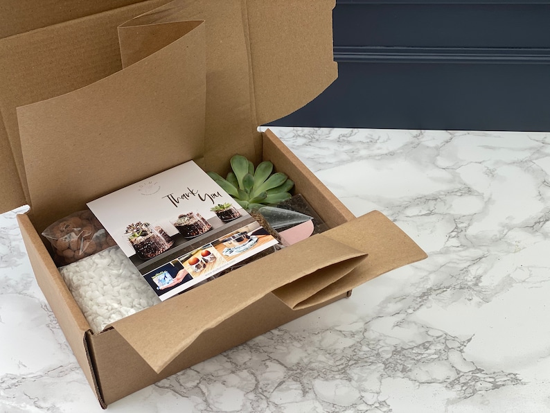 May include: A brown cardboard box with the lid open, revealing a succulent plant kit. The kit includes a succulent plant, soil, decorative stones, and instructions. The box also includes a thank you card.