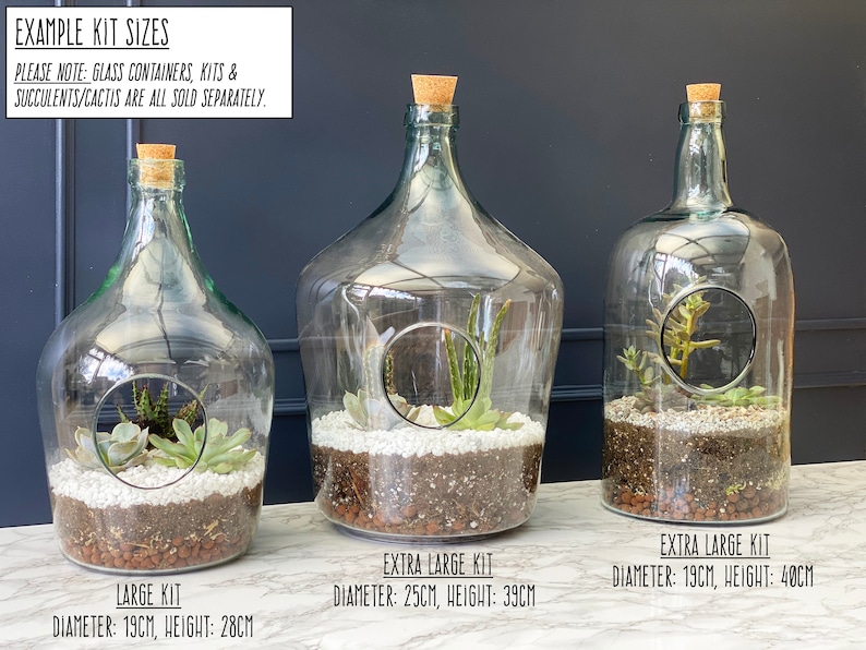 May include: Three glass terrarium kits in different sizes. The kits are filled with soil, rocks, and succulents. The text on the image reads: "EXAMPLE KIT SIZES PLEASE NOTE: GLASS CONTAINERS, KITS & SUCCULENTS/CACTIS ARE ALL SOLD SEPARATELY. LARGE KIT DIAMETER: 19CM, HEIGHT: 28CM EXTRA LARGE KIT DIAMETER: 25CM, HEIGHT: 39CM EXTRA LARGE KIT DIAMETER: 19CM, HEIGHT: 40CM"