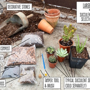 May include: A large succulent and cacti planting kit with all the materials needed to create a beautiful succulent garden. The kit includes pre-mixed compost, clay pebbles, activated charcoal, sphagnum moss, decorative stones, a tamper tool and brush, and five succulent plants.